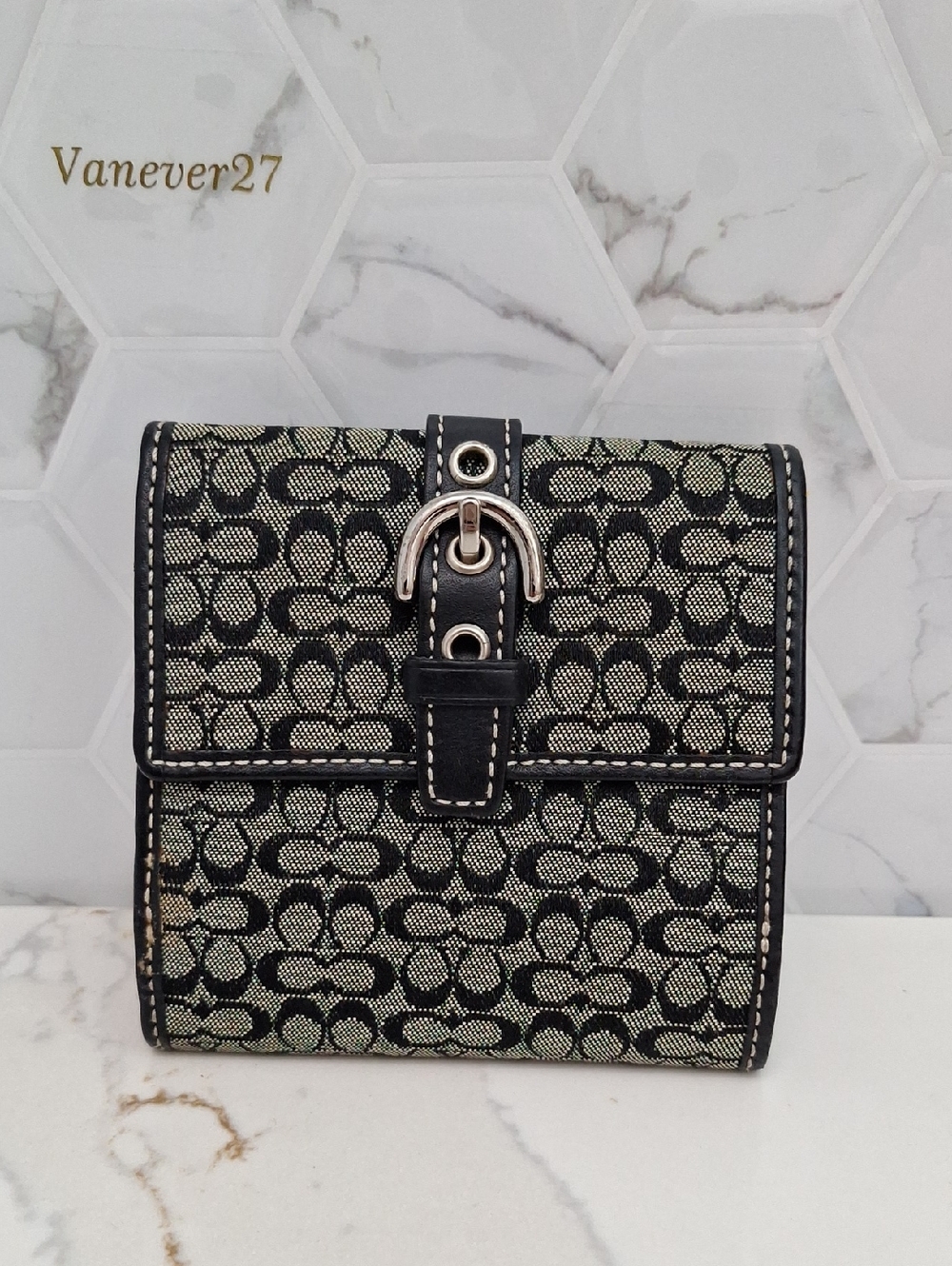 Vintage Coach Monogram Canvas & Leather Bi Fold Wallet Y2K Black Grey